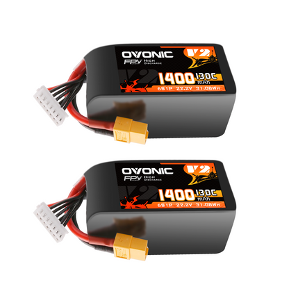 2x Ovonic 6S 1400mAh 130C 22.2V LiPo batteries with XT60 plug and balance lead