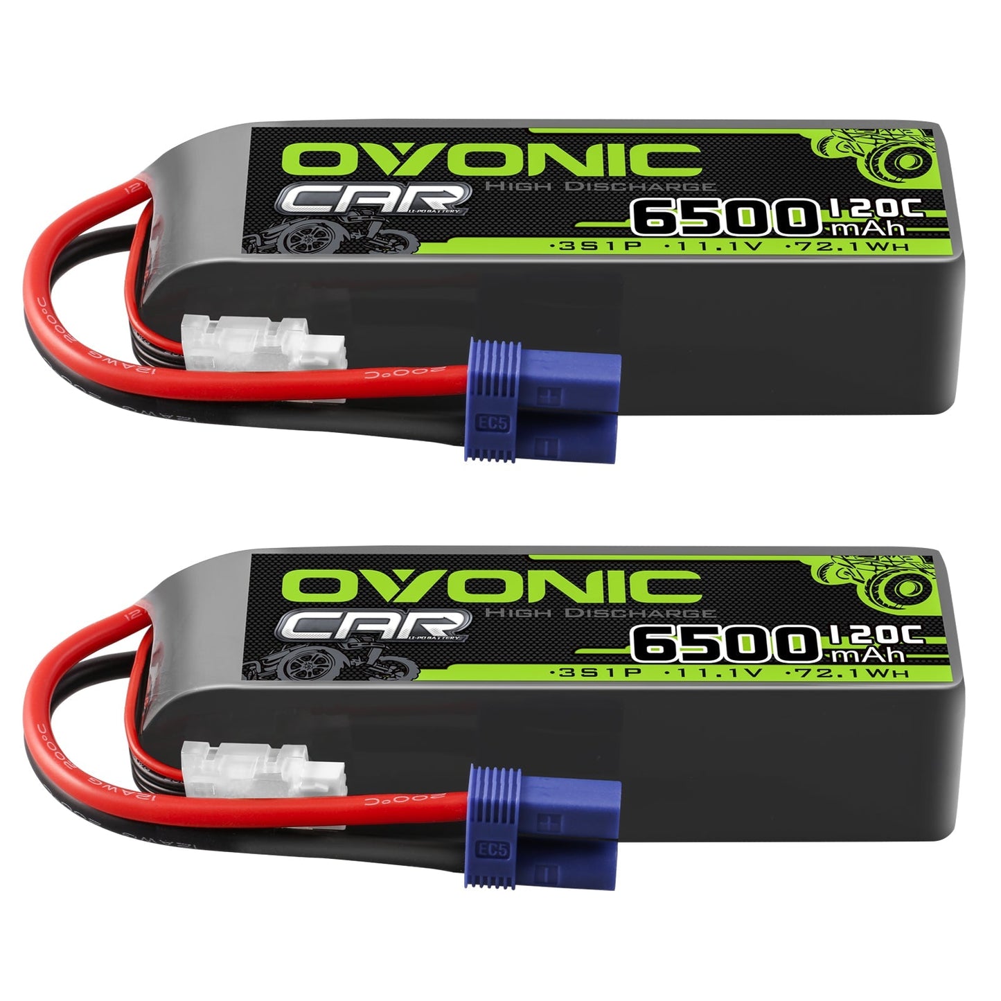 Ovonic 2-Pack 120C 3S 6500mAh 11.1V LiPo battery hardcase set with EC5 plug and balance lead