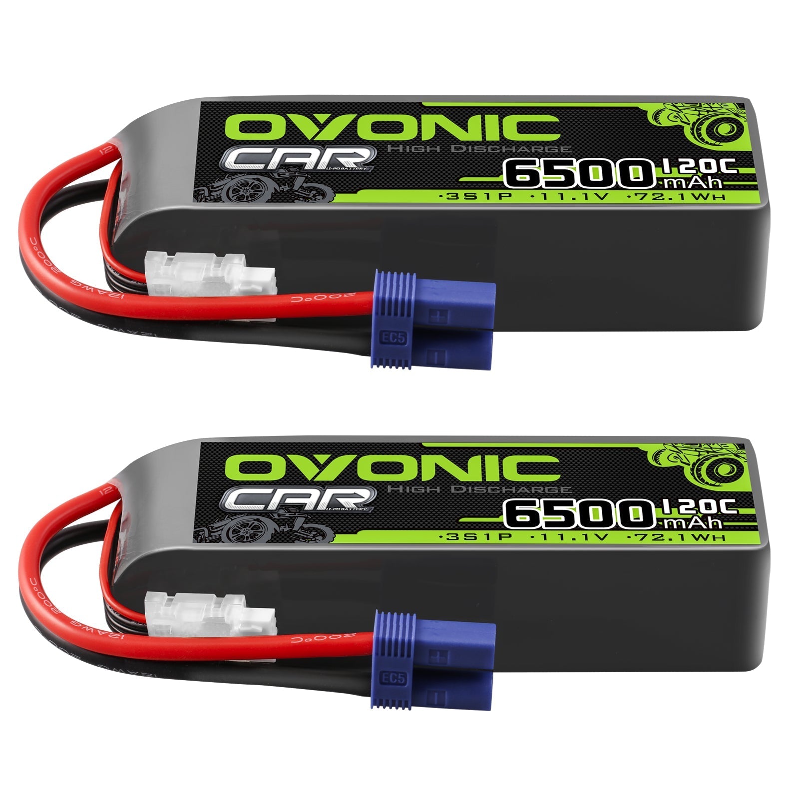 Ovonic 2-Pack 120C 3S 6500mAh 11.1V LiPo battery hardcase set with EC5 plug and balance lead