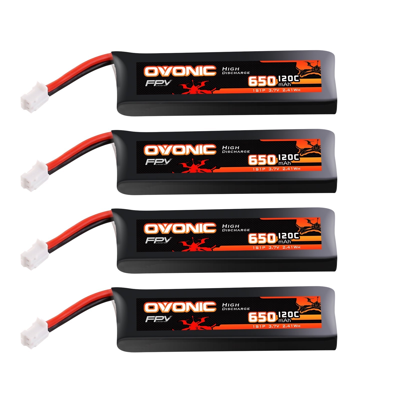 Ovonic 1S 650mAh 3.7V 120C softcase LiPo battery 4-pack with leads and white connector