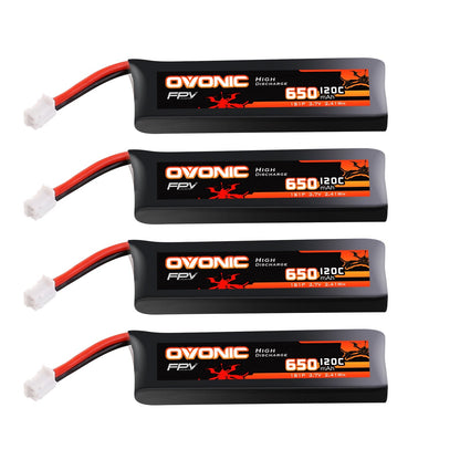Ovonic 1S 650mAh 3.7V 120C softcase LiPo battery 4-pack with leads and white connector