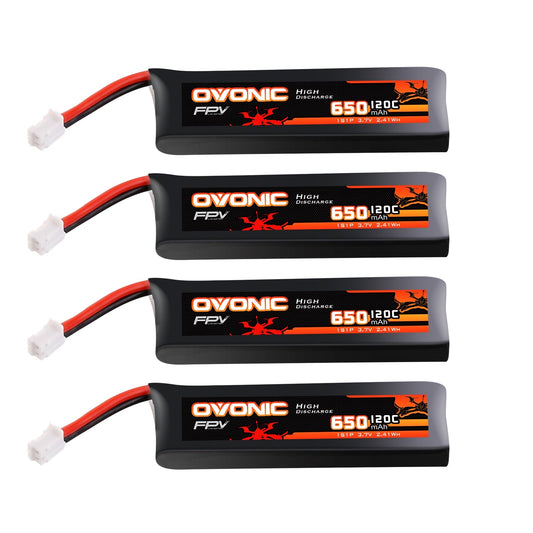 Ovonic 1S 650mAh 3.7V 120C softcase LiPo battery 4-pack with leads and white connector
