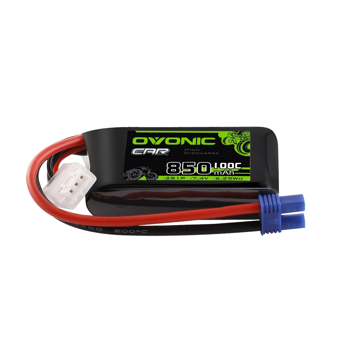 Ovonic 2S 850mAh 100C 7.4V softcase LiPo battery with EC2 plug and balance connector