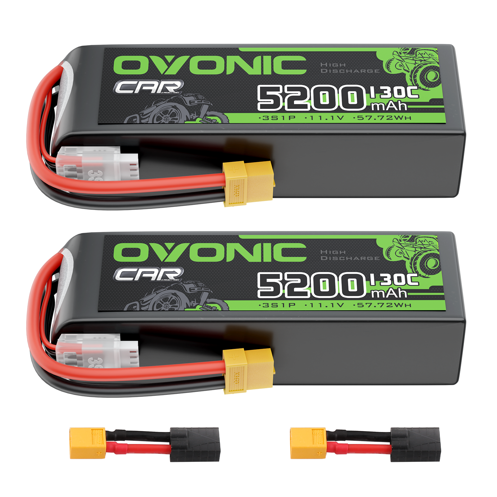 Ovonic 3S 5200mAh 130C 11.1V LiPo battery pair with XT60 connectors and adapters
