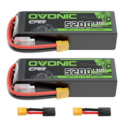 Ovonic 3S 5200mAh 130C 11.1V LiPo battery pair with XT60 connectors and adapters