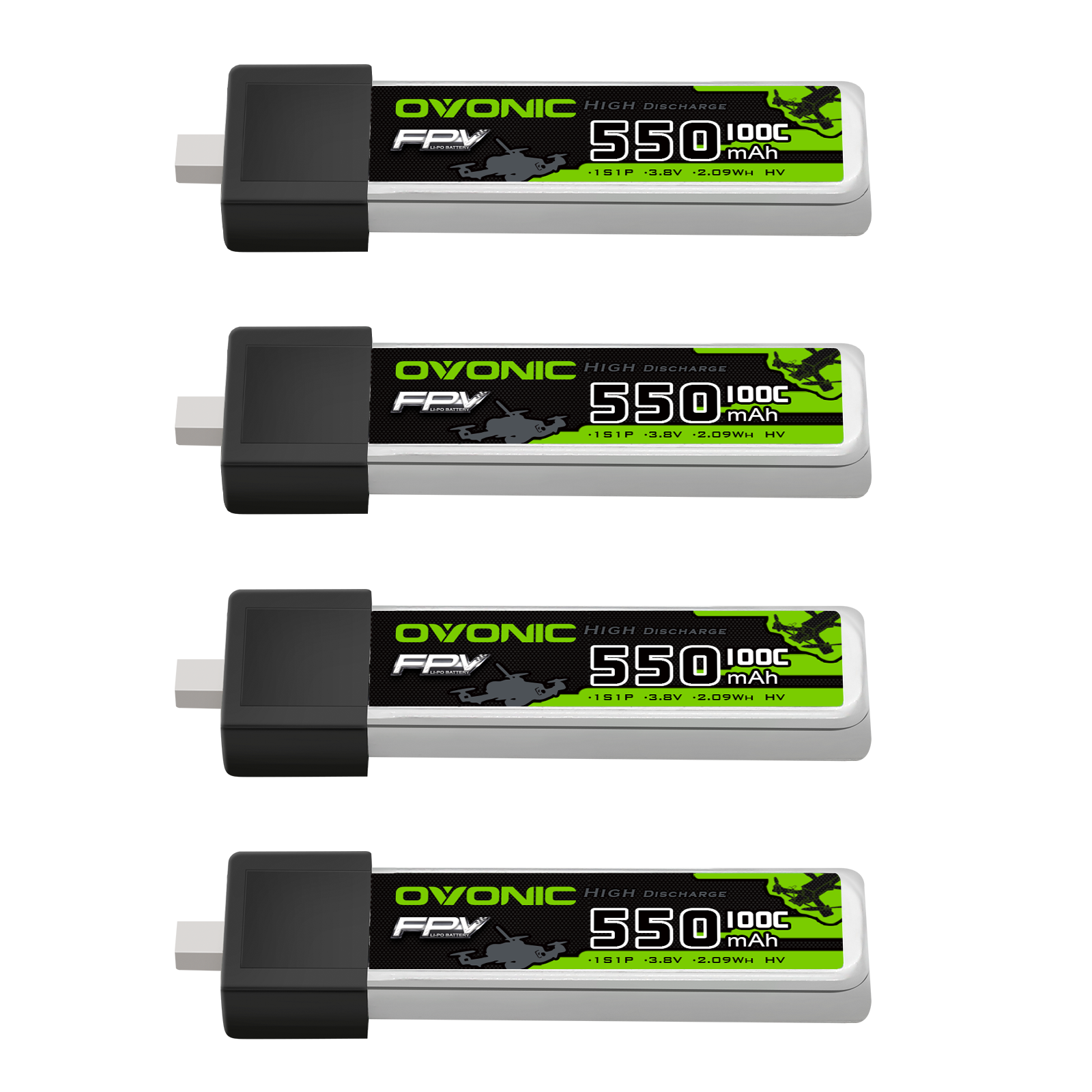 4× Ovonic 550mAh 1S1P 3.8V LiHV LiPo Battery set with BT2.0 connector, top label view