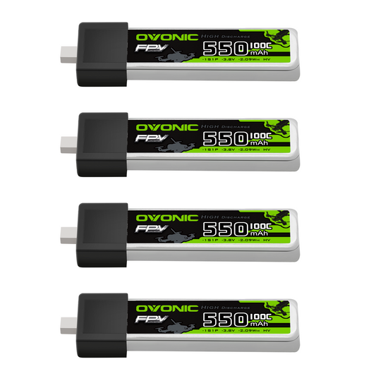 4× Ovonic 550mAh 1S1P 3.8V LiHV LiPo Battery set with BT2.0 connector, top label view