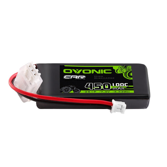 Ovonic 2S 450mAh 100C 7.4V LiPo battery pack with JST plug and balance lead on white
