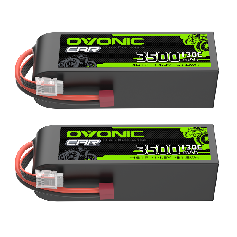 OVONIC 4S 3500mAh 14.8V 130C LiPo battery pack, label view with T plug and JST-XHR balance lead