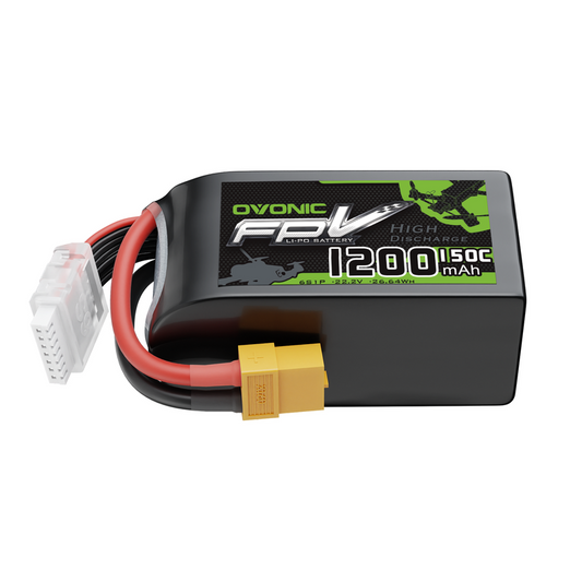 Ovonic R-Line V5.0 1200mAh 6S 22.2V 150C LiPo battery with XT60 and JST-XHR balance leads