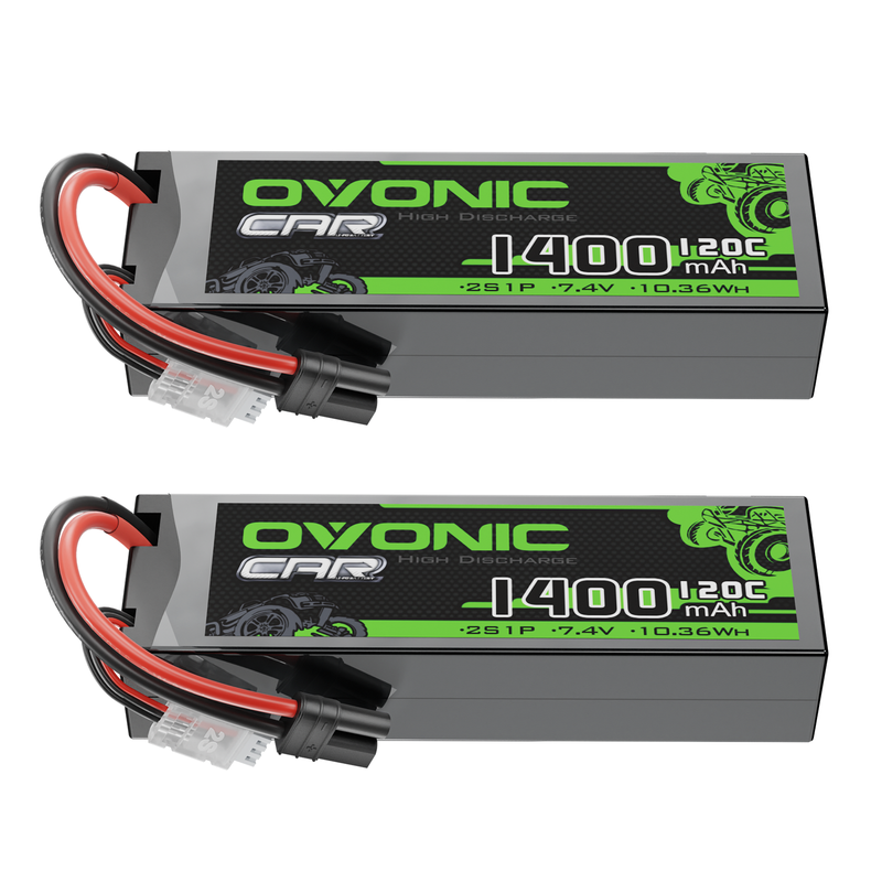 OVONIC 2S 1400mAh 120C 7.4V LiPo Battery 2-pack with IEC plug and balance lead