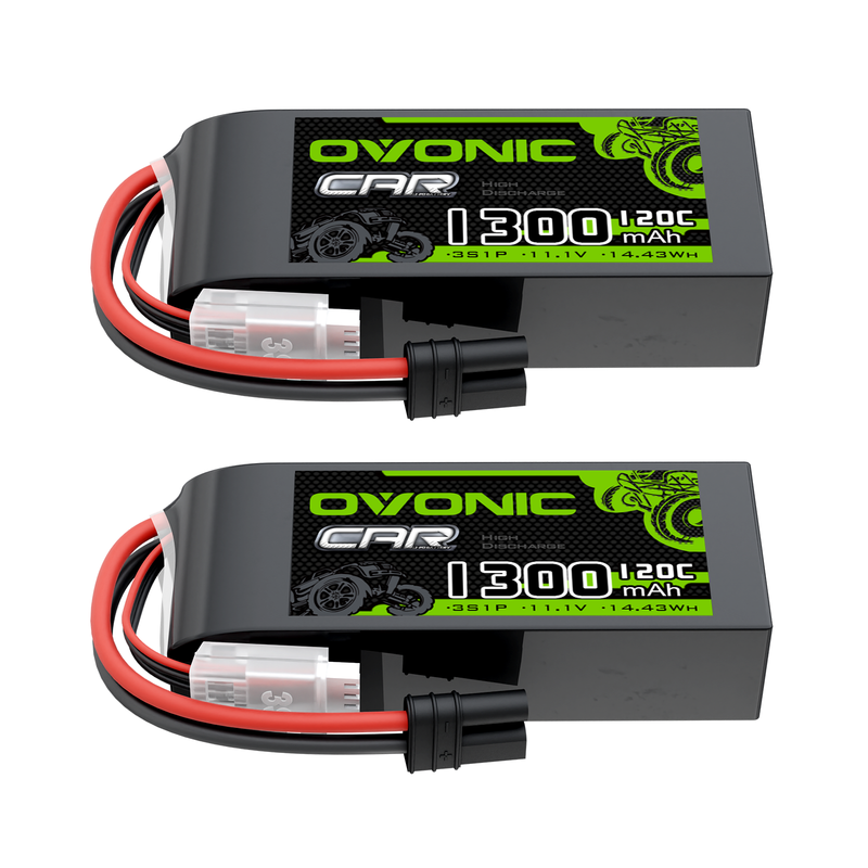 OVONIC 2-pack 3S 11.1V 1300mAh 120C LiPo batteries with IEC main plug and JST-XHR-4P balance lead