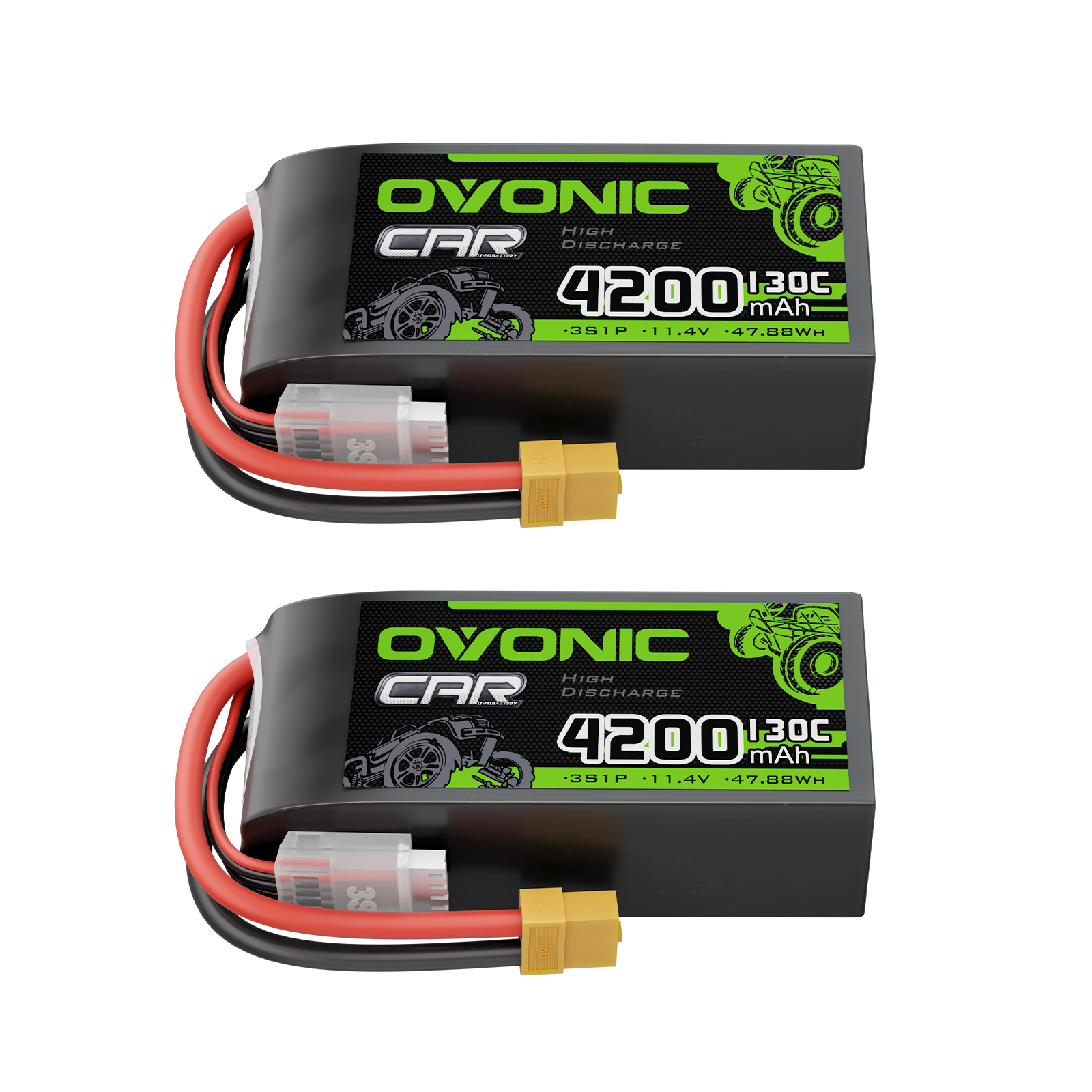OVONIC 2-Pack 3S 4200mAh 130C LiPo battery set with XT60 connector and balance lead