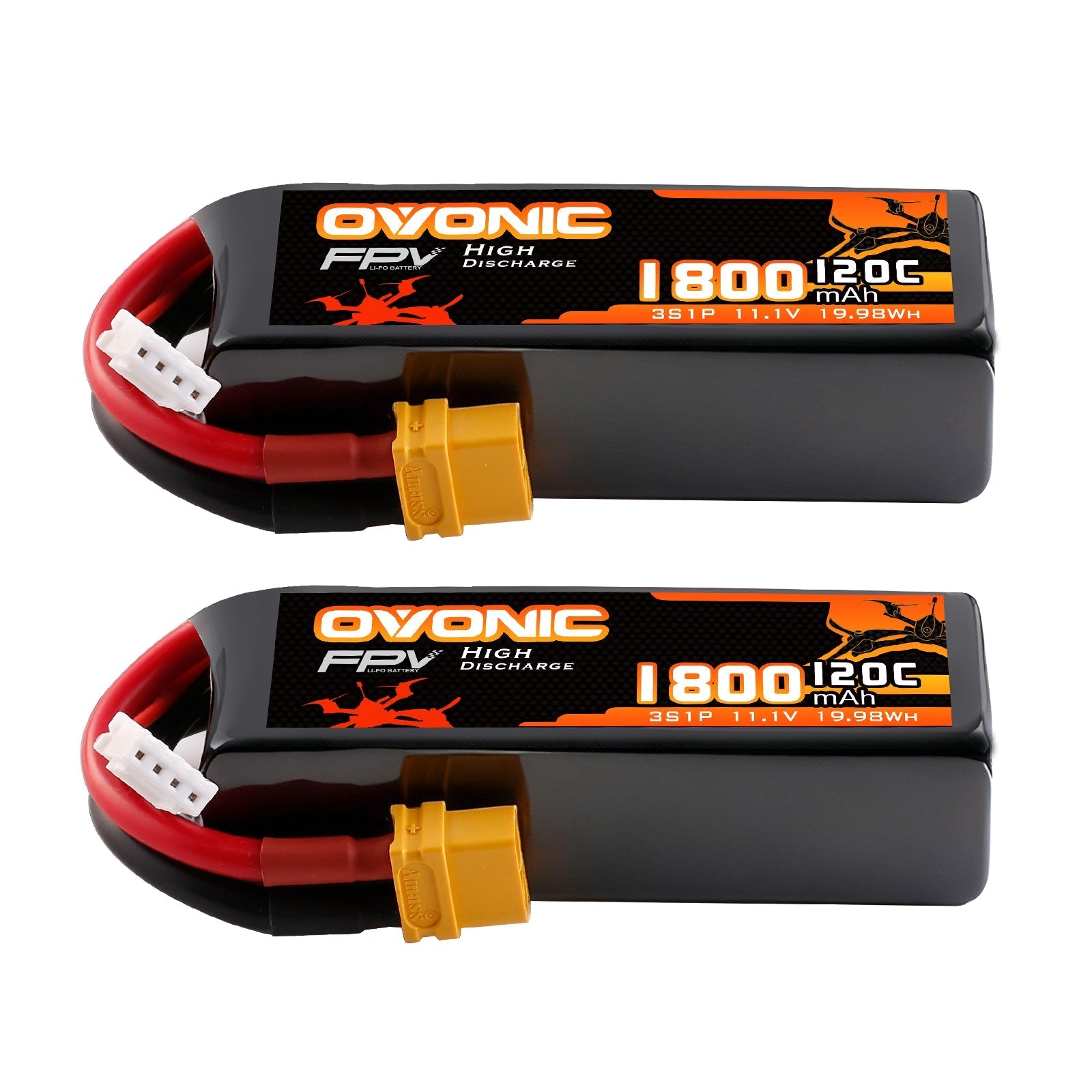 Ovonic 3S 1800mAh 11.1V 120C softcase LiPo battery 2-pack with XT60 plug and balance lead