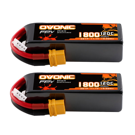 Ovonic 3S 1800mAh 11.1V 120C softcase LiPo battery 2-pack with XT60 plug and balance lead