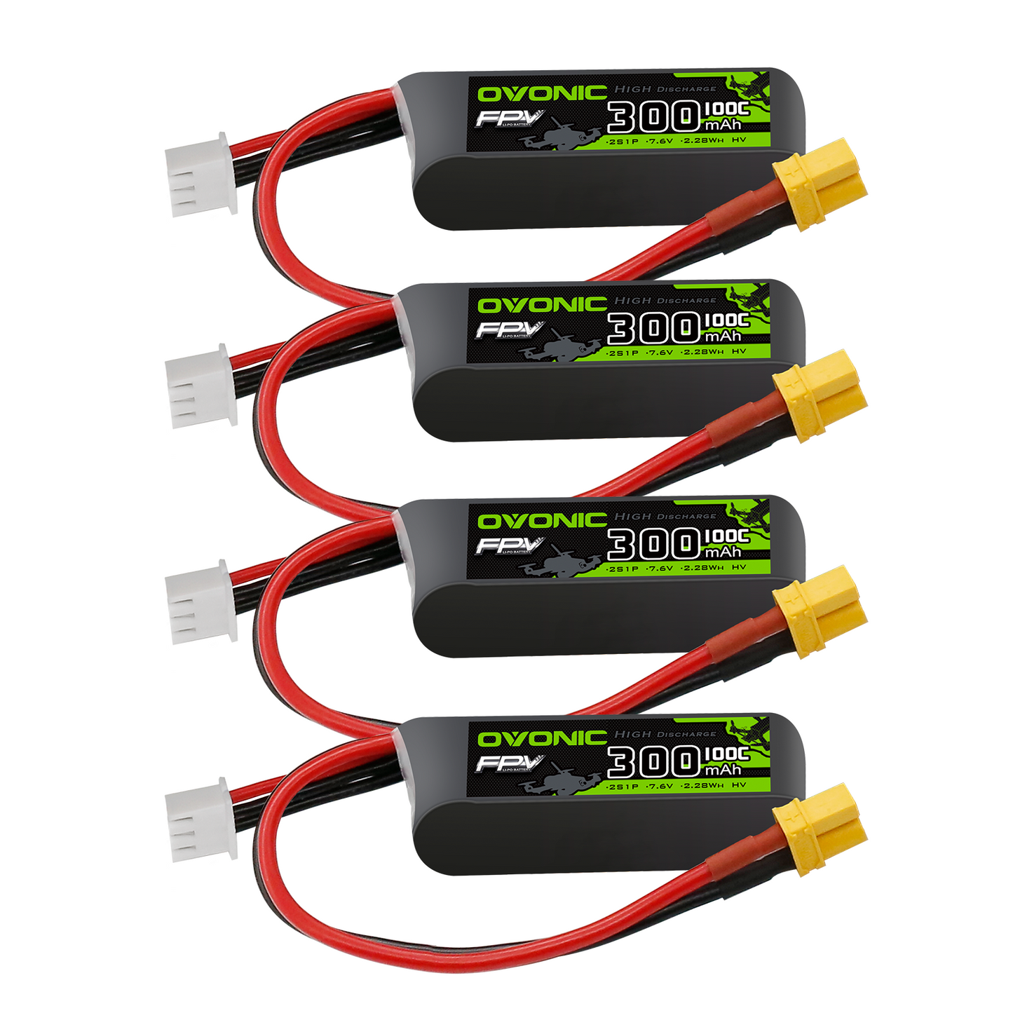 4x OVONIC 2S 300mAh 100C 7.6V LiHV LiPo batteries with XT30 and JST-XHR balance leads
