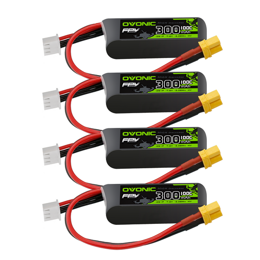 4x OVONIC 2S 300mAh 100C 7.6V LiHV LiPo batteries with XT30 and JST-XHR balance leads