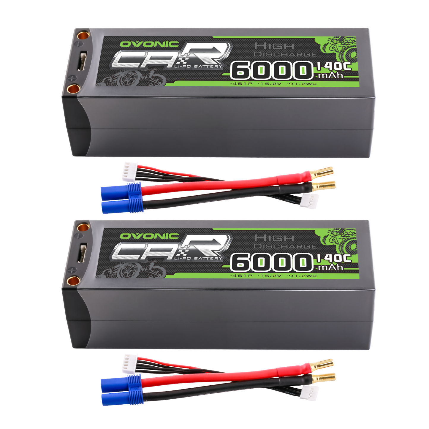 2-pack Ovonic 6000mAh 4S LiHV 15.2V 140C hardcase LiPo batteries with EC5 leads and balance plugs