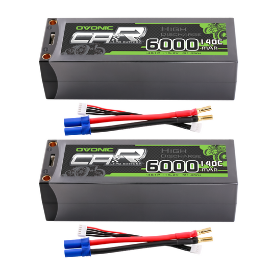 2-pack Ovonic 6000mAh 4S LiHV 15.2V 140C hardcase LiPo batteries with EC5 leads and balance plugs