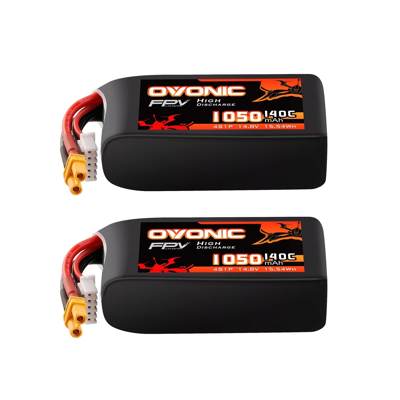 Ovonic 2-pack 4S 1050mAh 14.8V 140C softcase LiPo batteries with XT30 plug and balance lead