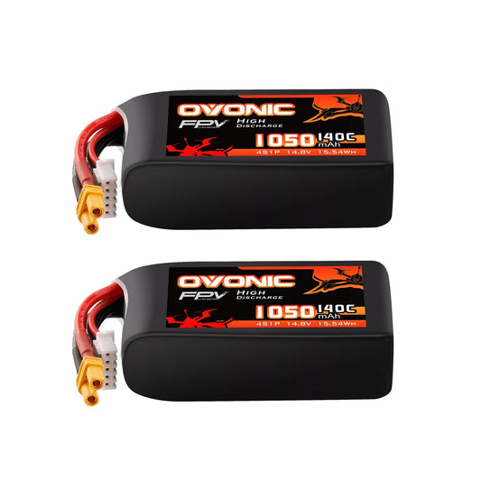 Ovonic 2-pack 4S 1050mAh 14.8V 140C softcase LiPo batteries with XT30 plug and balance lead