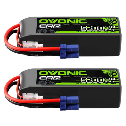 2x OVONIC 4S 5200mAh 14.8V 130C RC LiPo battery pack set with EC5 plug and balance lead