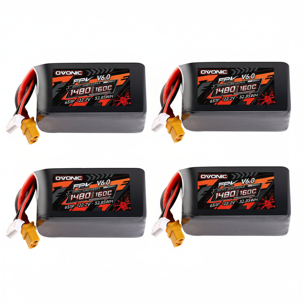 Ovonic FPV V6.0 6S 1480mAh 160C 22.2V LiPo battery set with XT60 and JST-XHR-7P leads