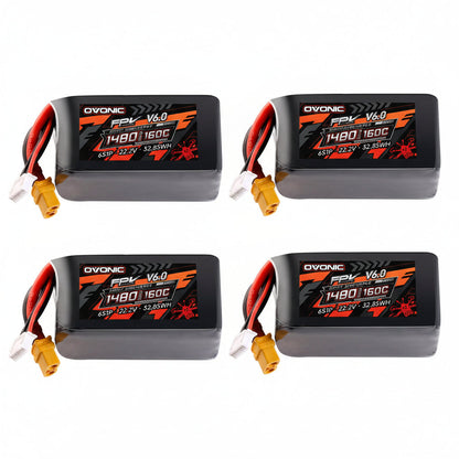 Ovonic FPV V6.0 6S 1480mAh 160C 22.2V LiPo battery set with XT60 and JST-XHR-7P leads
