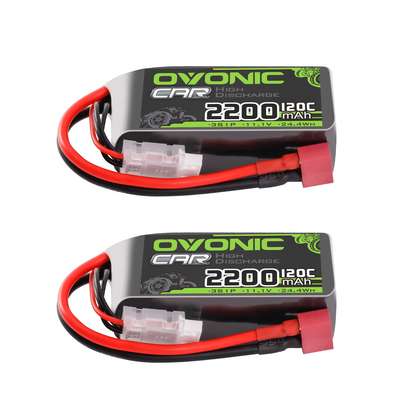 OVONIC 3S Short LiPo Battery 2200mAh 11.1V pack, two-pack shown with T plug and balance lead