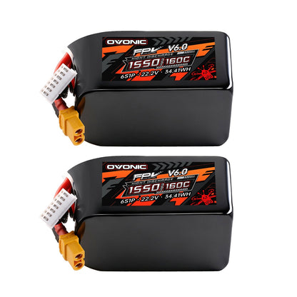 Two Ovonic FPV V6.0 1550mAh 6S LiPo batteries with XT60 and balance lead, angled view
