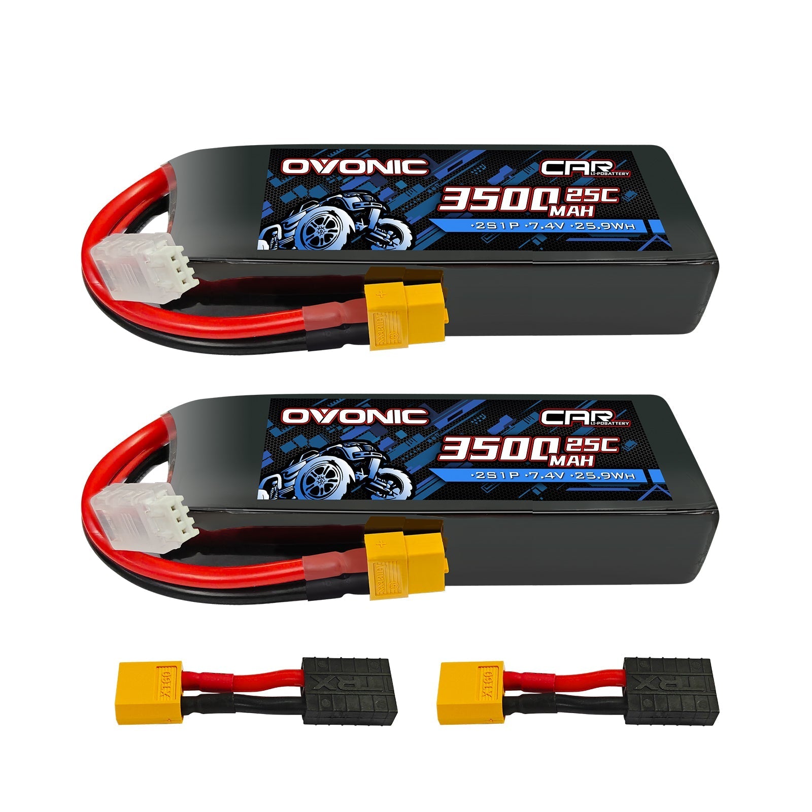 Ovonic 2-Pack 7.4V 3500mAh 2S1P 25C LiPo batteries with XT60 plug and JST-XHR balance lead