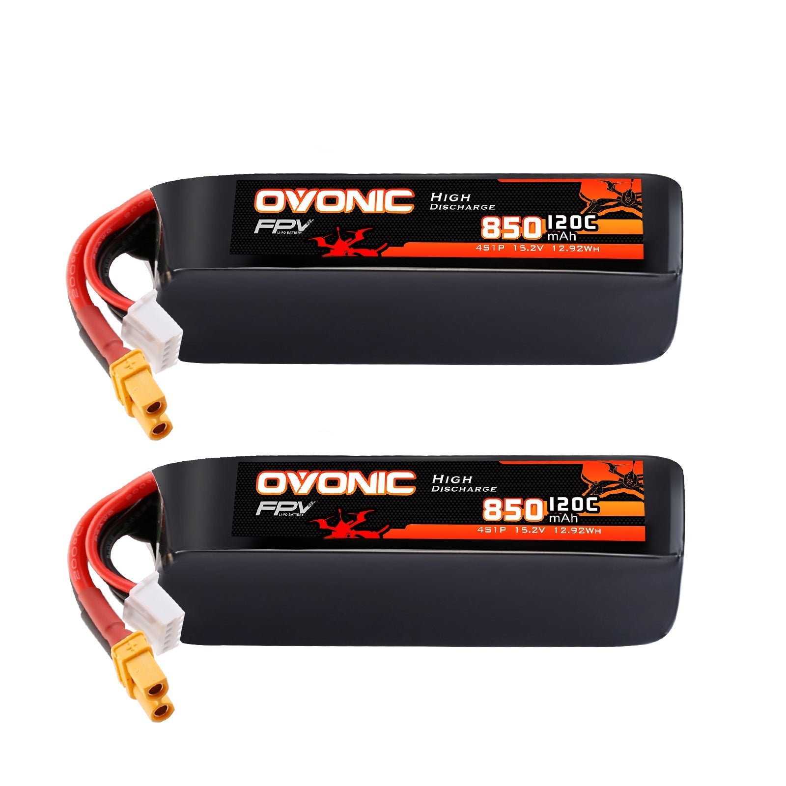 OVONIC 4S 850mAh 120C 15.2V LiHV softcase FPV battery 2-pack with XT30 plug