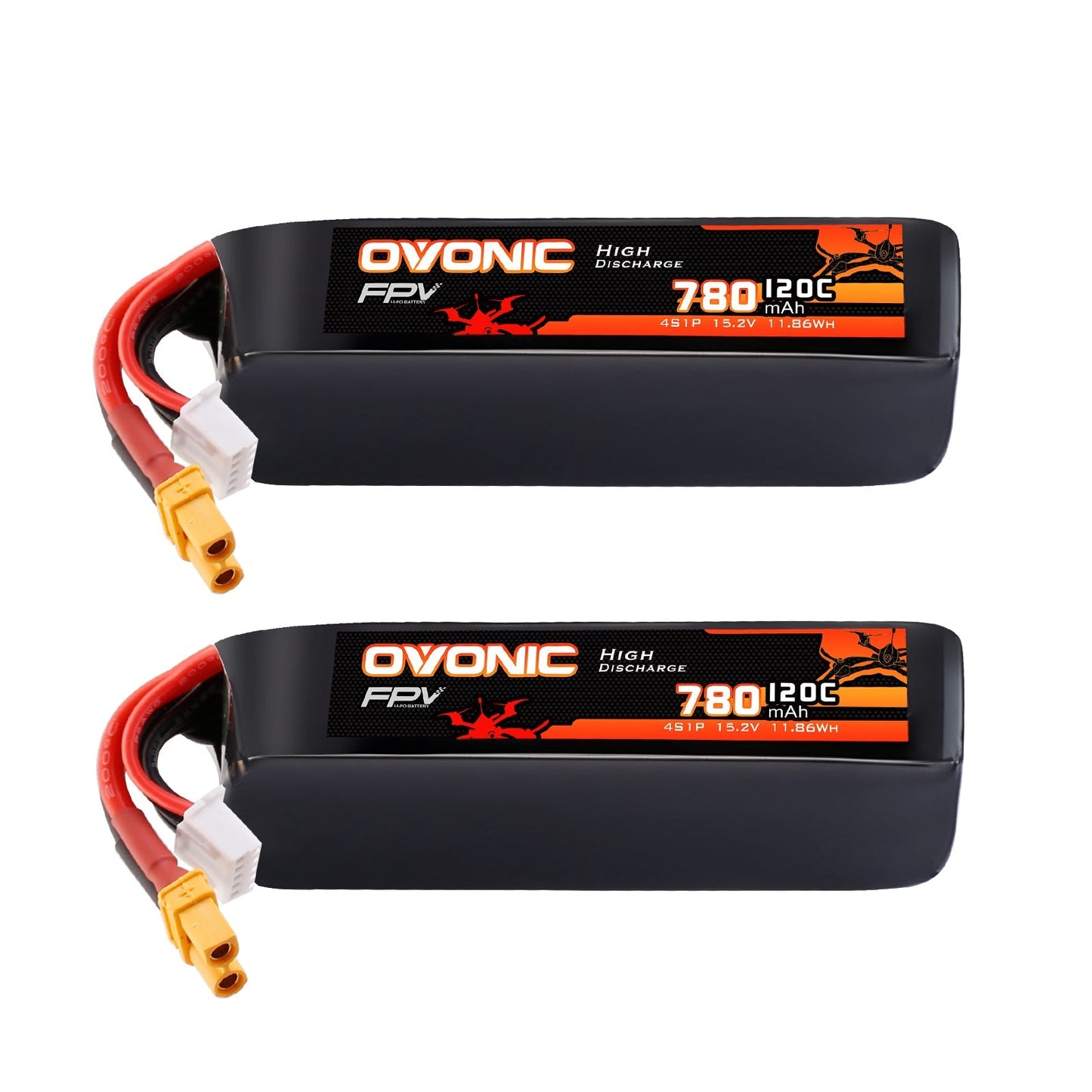 Ovonic 4S 780mAh 120C 15.2V LiHV softcase batteries, 2-pack with XT30 lead and balance plug