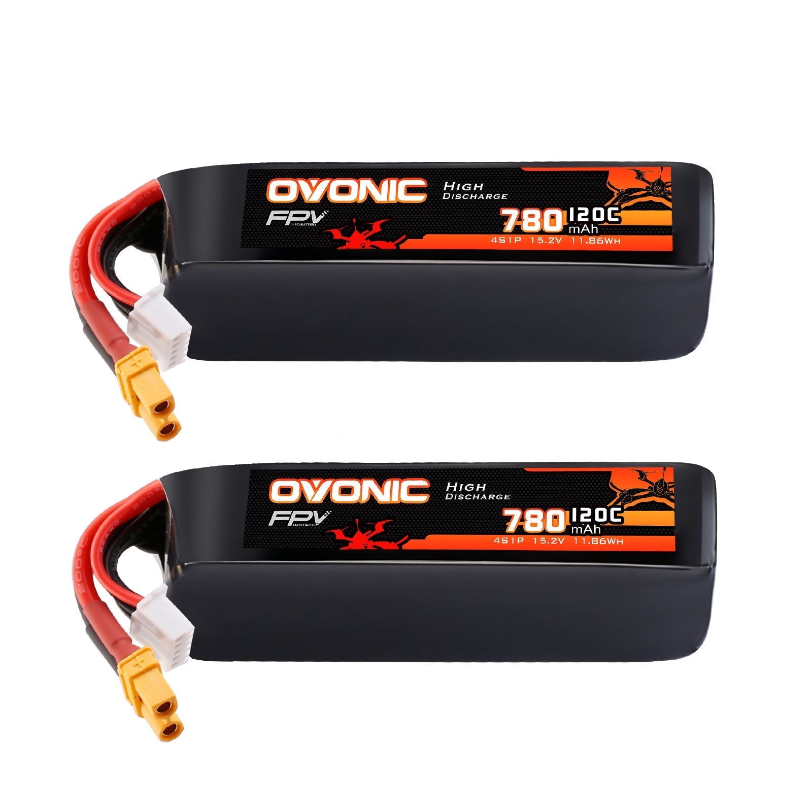 Ovonic 4S 780mAh 120C 15.2V LiHV softcase batteries, 2-pack with XT30 lead and balance plug