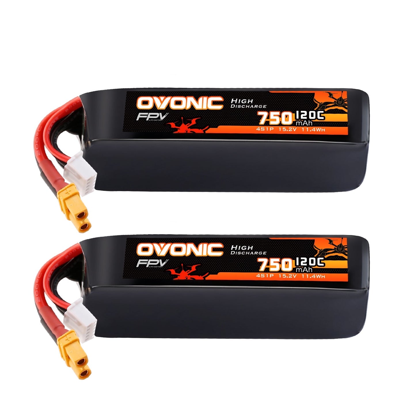Ovonic 4S 750mAh 15.2V LiHV 120C softcase batteries, 2-pack with XT30 lead and balance plug