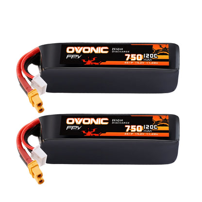 Ovonic 4S 750mAh 15.2V LiHV 120C softcase batteries, 2-pack with XT30 lead and balance plug