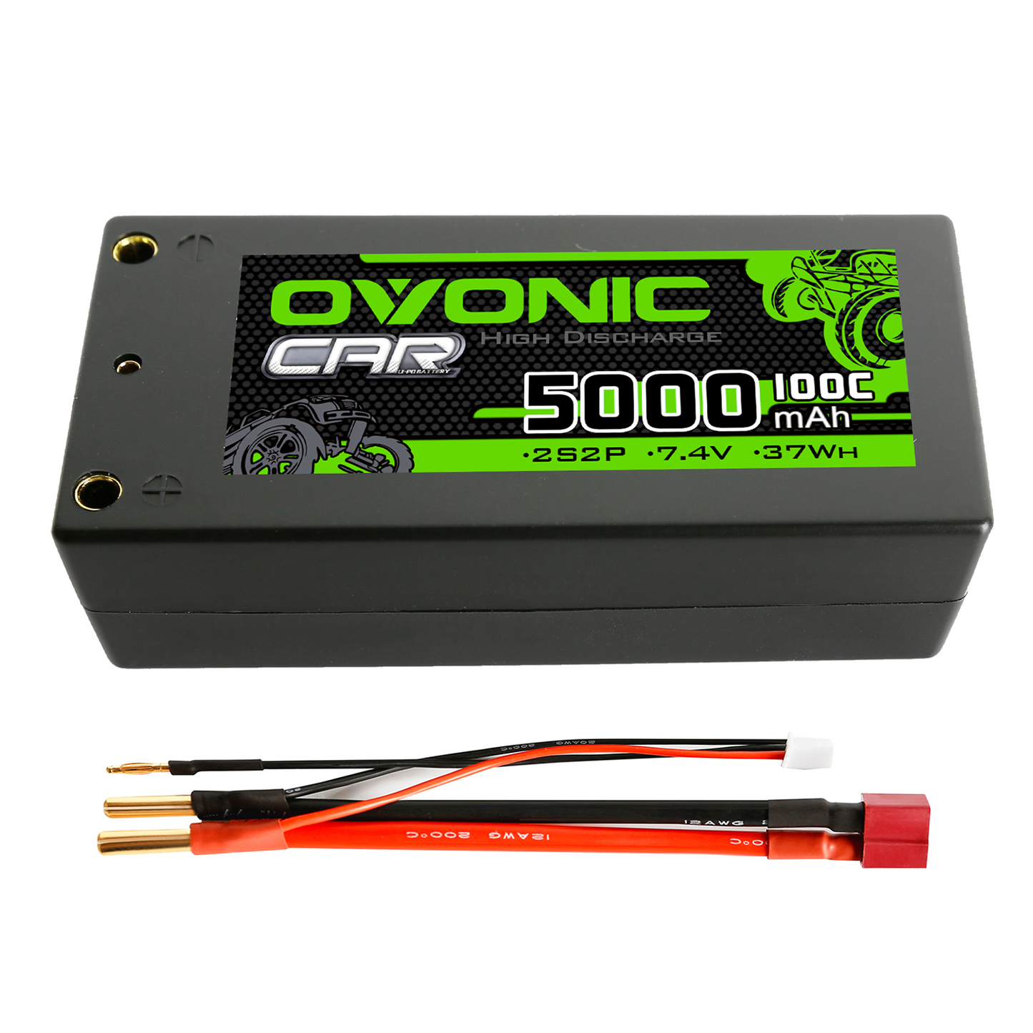 Ovonic 7.4V 5000mAh 2S2P 100C shorty hardcase LiPo battery with Deans T plug and 4mm bullets