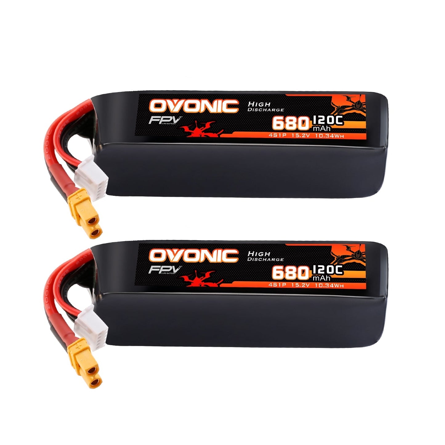 Ovonic 2-Pack 4S 680mAh 120C 15.2V LiHV softcase FPV batteries with XT30 plug and balance lead