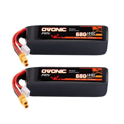 Ovonic 2-Pack 4S 680mAh 120C 15.2V LiHV softcase FPV batteries with XT30 plug and balance lead