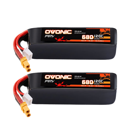 Ovonic 2-Pack 4S 680mAh 120C 15.2V LiHV softcase FPV batteries with XT30 plug and balance lead
