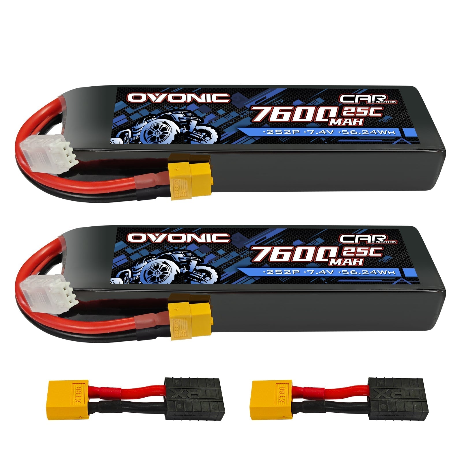 Ovonic 2-pack 7.4V 7600mAh 2S2P 25C LiPo RC car batteries with XT60 plugs and adapters