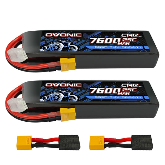 Ovonic 2-pack 7.4V 7600mAh 2S2P 25C LiPo RC car batteries with XT60 plugs and adapters