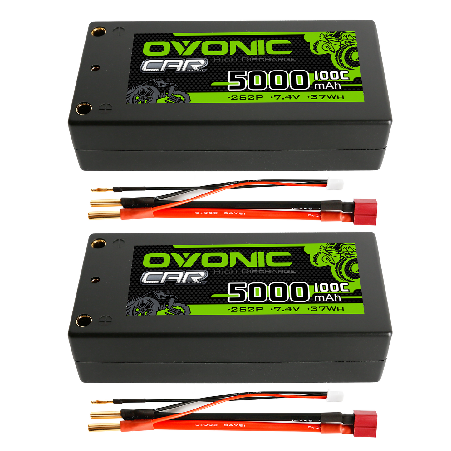 Two Ovonic shorty hardcase LiPo packs shown top and bottom with wiring harness and Deans T plug