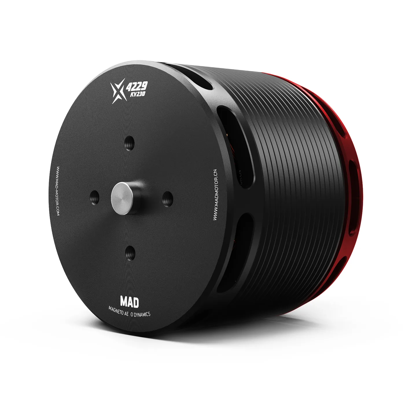 MAD X4229 eVTOL Airplane Drone Motor, MAD X4229 brushless eVTOL airplane drone motor with black finned housing and front mounting face