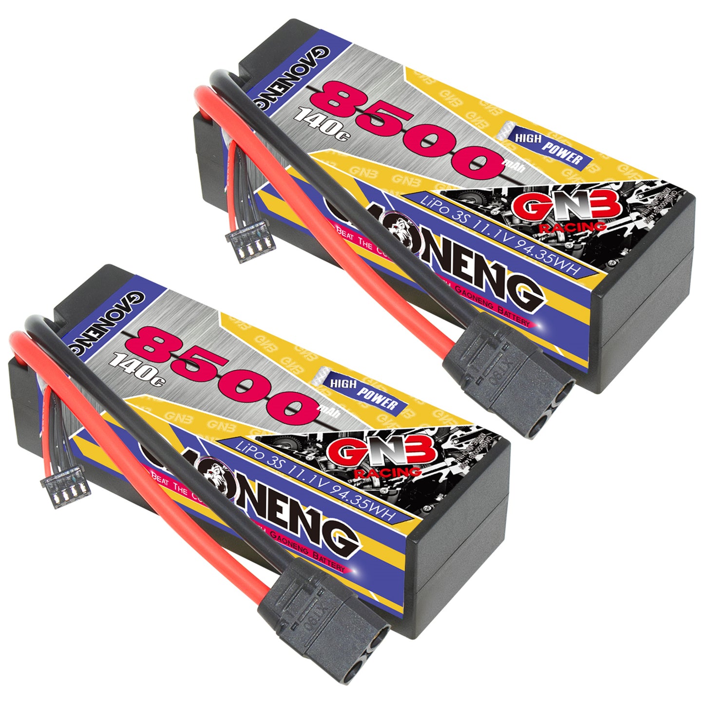 Two GNB 8500mAh 140C hard case LiPo batteries shown with XT90 connectors and balance leads