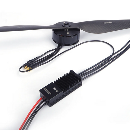MAD ENCR V105 eVTOL Autocenter Motor, MAD ENCR V105 eVTOL brushless motor with mounted propeller, attached ESC with heatsink, and wiring leads