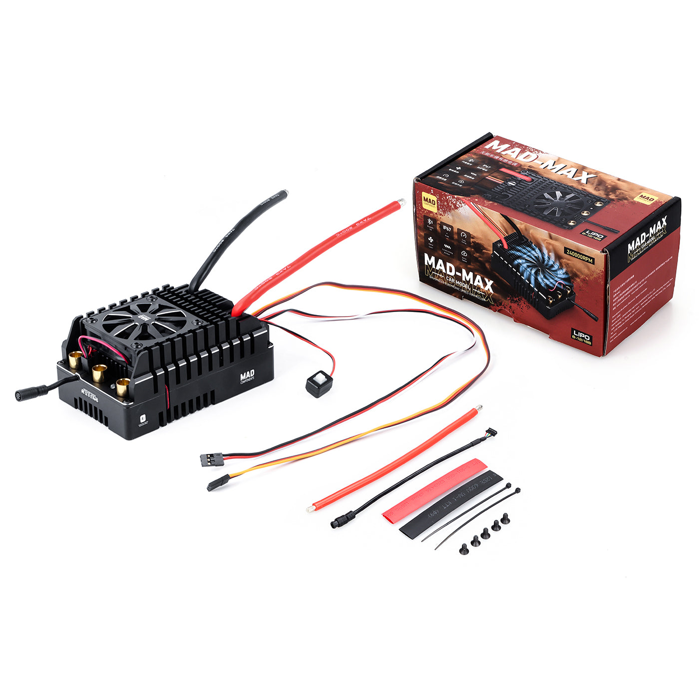 MAD MAX20 400A HV 6-12S Sensored Brushless ESC, MAD MAX20 HV sensored brushless ESC with cooling fan, power leads, sensor cable, and mounting hardware