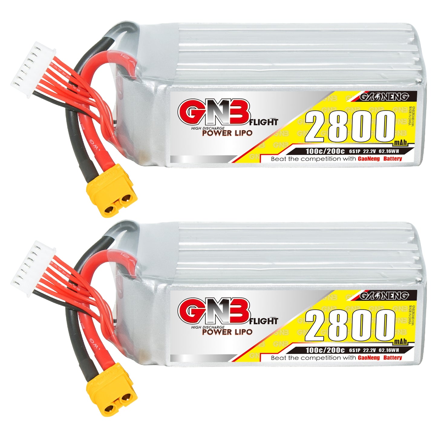 Two GNB 2800mAh LiPo batteries side view showing label and XT60 plug with balance connector