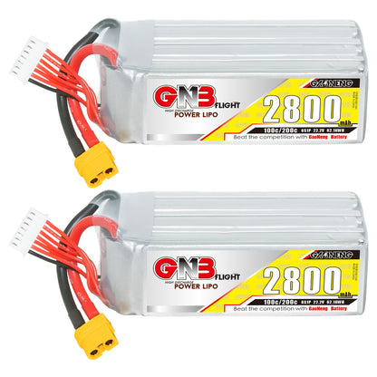 Two GNB 2800mAh LiPo batteries side view showing label and XT60 plug with balance connector
