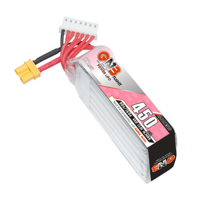 Angled view of GNB 450 long LiHV 6S battery with XT30 lead and white balance plug